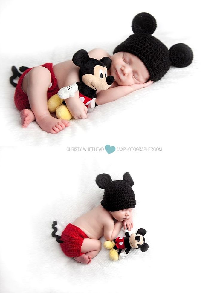 two photos of a baby sleeping with mickey mouse on his back and minnie mouse on his chest