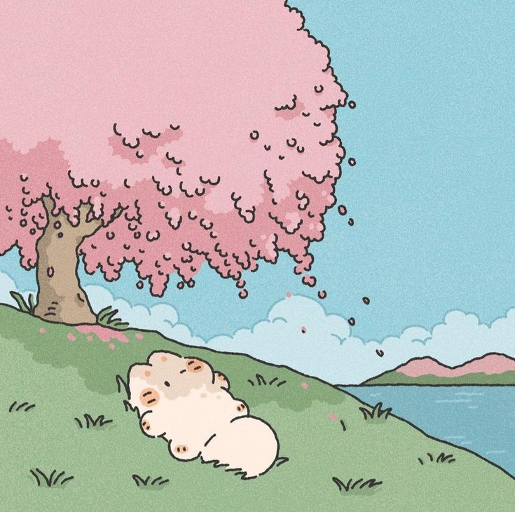 a white dog laying under a pink tree next to a body of water on a hill