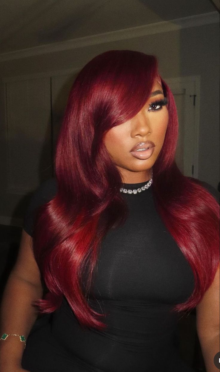 Red Wig Outfit Ideas, Red Wig Half Up Half Down, Red Layered Wig, Red Tape Ins Black Women, Color Wig On Dark Skin Women, Cherry Red Wig For Black Women, Red Sew In Black Women, Vibrant Burgundy Hair, Deep Red Hair Color Black Women