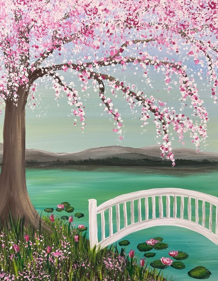 a painting of a white bridge and pink flowers