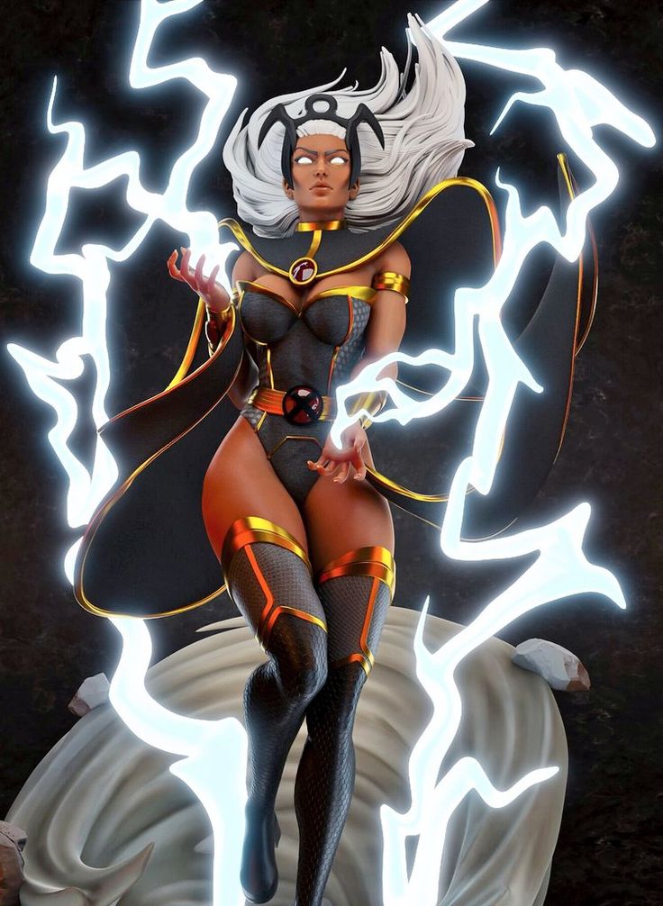 a woman dressed in black and yellow is standing on a rock with lightning behind her