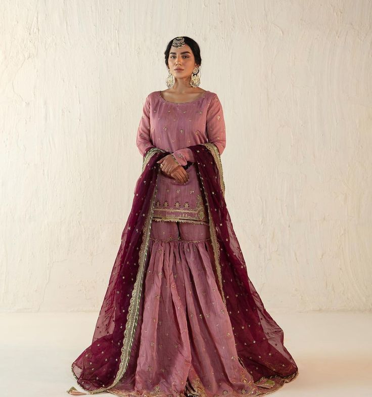 Wine Color Combinations Outfits, Outfit From Scratch Indian, Desi Ootd, Dupatta Designs Ideas, Bridal Gharara, Gharara Designs, Bridal Suit, Simple Dress Casual, Desi Fits