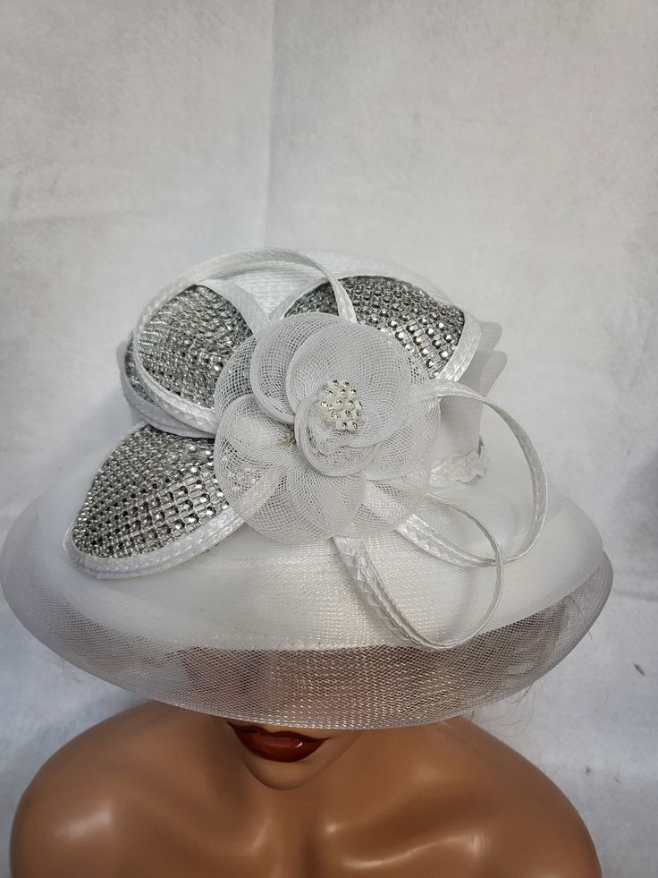 Beautiful white and silver bucket  hat very elegant Silver Brimmed Party Hat, Silver Wide Brim Hat For Kentucky Derby, Elegant Silver Hat For Kentucky Derby, Adjustable High Crown White Hat, White Adjustable High Crown Hat, Silver Short Brim Hat For Church, Silver Short Brim Hat For Party, Silver Short Brim Evening Hat, Silver Short Brim Hat For Evening