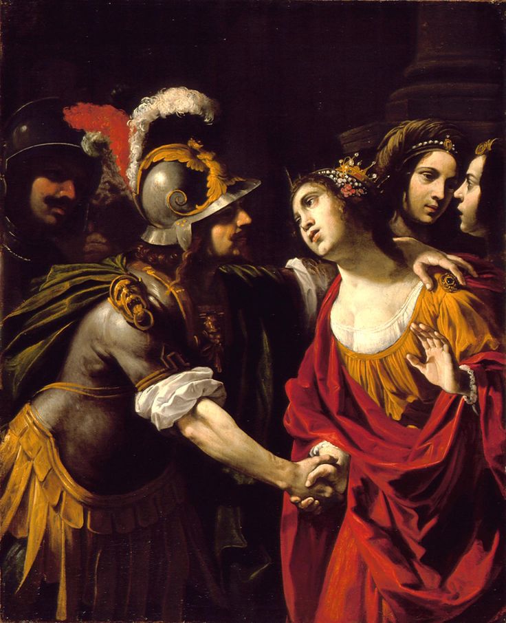 a painting of two people shaking hands in front of other people wearing roman garb