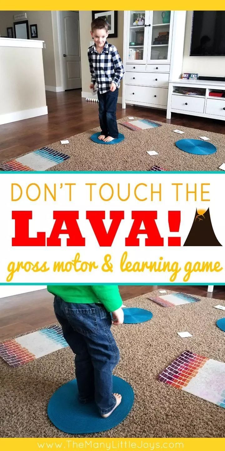 a young boy standing on top of a blue mat in front of a tv and text that reads, don't touch the lava gross motor & learning game