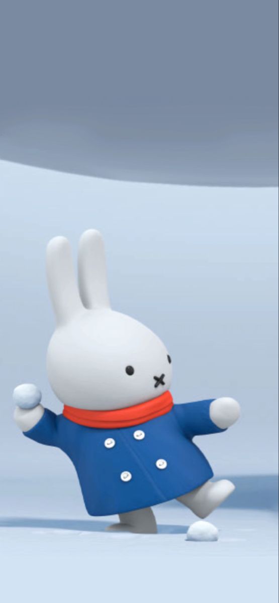 a white rabbit in a blue coat and red scarf standing on its hind legs with one leg up