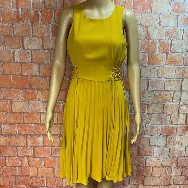 Lucy Paris Mustard Yellow Dress Sleeveless Back Zipper Pleated Skirt Lacing At Sides Of Waist Fully Lined Machine Washable Size Xs 18” Armpit To Armpit 23.5” Side To Side At Waist 37” Long New With Tags Never Worn! 13 Marigold Yellow Pleated A-line Midi Dress, Fitted Yellow Pleated Midi Dress, Yellow Pleated Sleeveless Midi Dress, Spring Yellow Pleated Midi Dress, Yellow Pleated Midi Dress For Spring, Chic Yellow Knee-length Sleeveless Dress, Chic Yellow Sleeveless Dress, Yellow Sleeveless Pleated Dress, Elegant Yellow Pleated Mini Dress