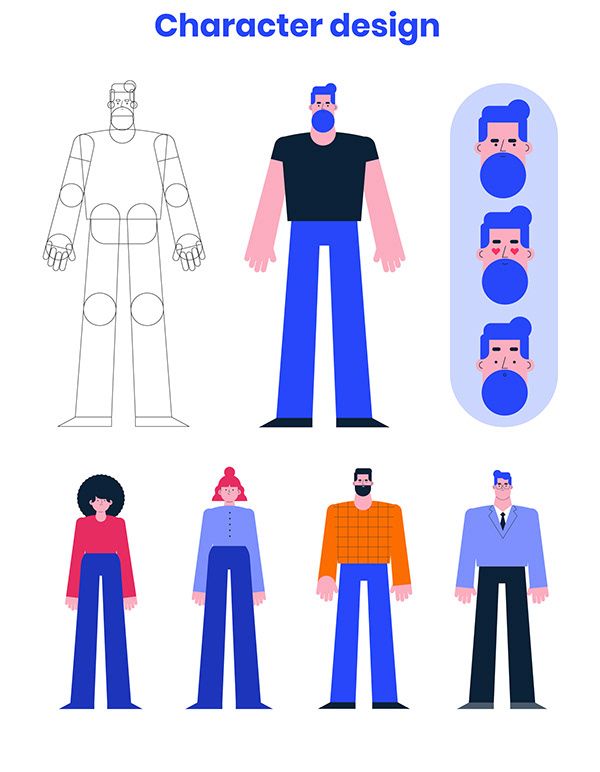 the character design process is shown in blue, orange and red colors with an image of two