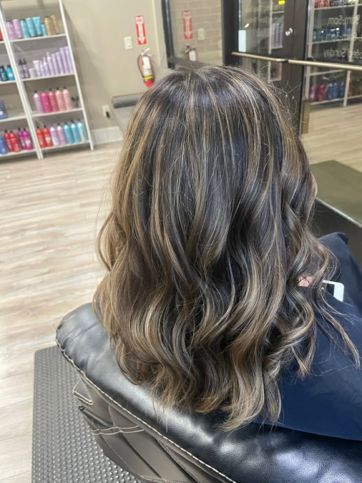 Half Highlights On Brown Hair, Ashy Blonde Partial Highlights, Cool Light Brown Highlights, Full Highlight On Dark Hair, Dark Brown Hair Partial Highlights, Partial Highlights For Dark Brown Hair, Blonde Highlights On Dark Hair Wavy, Hazel Highlights On Brown Hair, Caramel Balayage Money Piece