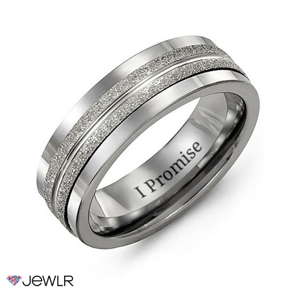 men's wedding band with silver glitter inlays and i promise written on the side