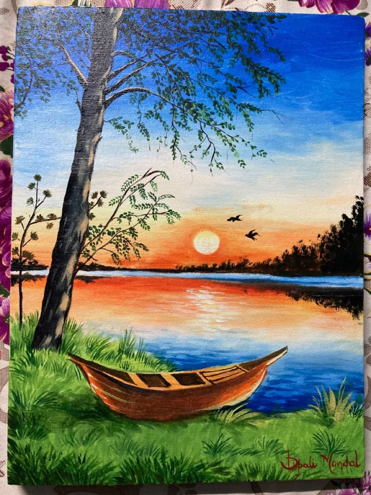 a painting of a boat in the water near a tree and some flowers on a table cloth