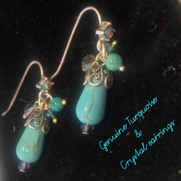 A Genuine Turquoise Bead Is The Focal Point But The Little Semi Precious Accent Beads Make This Earring Fabulous. This Will Be Your “Go-To” Earring! The Boho Vintage Vibe Of The Antiqued Silver Is Perfect. Comes In A Velvet Pouch 1 1/2” L Box 4e Blue Teardrop Jewelry With Silver Beads, Turquoise Teardrop Czech Glass Jewelry, Turquoise Dangling Beads Sterling Silver Earrings, Turquoise Silver Beaded Dangle Earrings, Turquoise Sterling Silver Earrings With Dangling Beads, Turquoise Teardrop Czech Glass Earrings, Turquoise Dangling Beads Czech Glass Jewelry, Turquoise Nickel-free Czech Glass Jewelry, Nickel-free Turquoise Czech Glass Jewelry