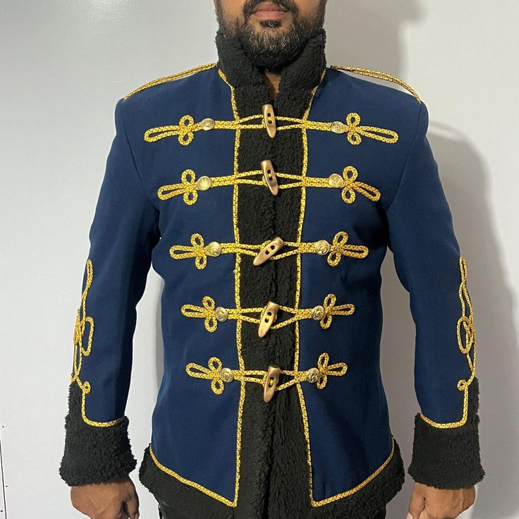 Military Officers New Napoleonic British 12th Hussars Brigadier Officers Tunic Attila Jacket - Hussar Jacket - Treven Store Step into history with the Military Officers New Napoleonic British 12th Hussars Brigadier Officers Tunic. This meticulously crafted Hussar Jacket draws inspiration from the classic British 12th Hussars Brigadier Officers' attire, featuring intricate gold braiding across the chest and sleeves. Designed for those who appreciate military elegance, this military officers' jack Winter Costume Double-breasted Outerwear, Royal Fitted Fall Outerwear, Ceremonial Winter Outerwear With Stand Collar, Ceremonial Stand Collar Outerwear For Winter, Ceremonial Long Sleeve Blazer For Winter, Royal Fitted Winter Outerwear, Royal Fitted Outerwear For Winter, Royal Long Sleeve Outerwear For Fall, Ceremonial Winter Fitted Outerwear