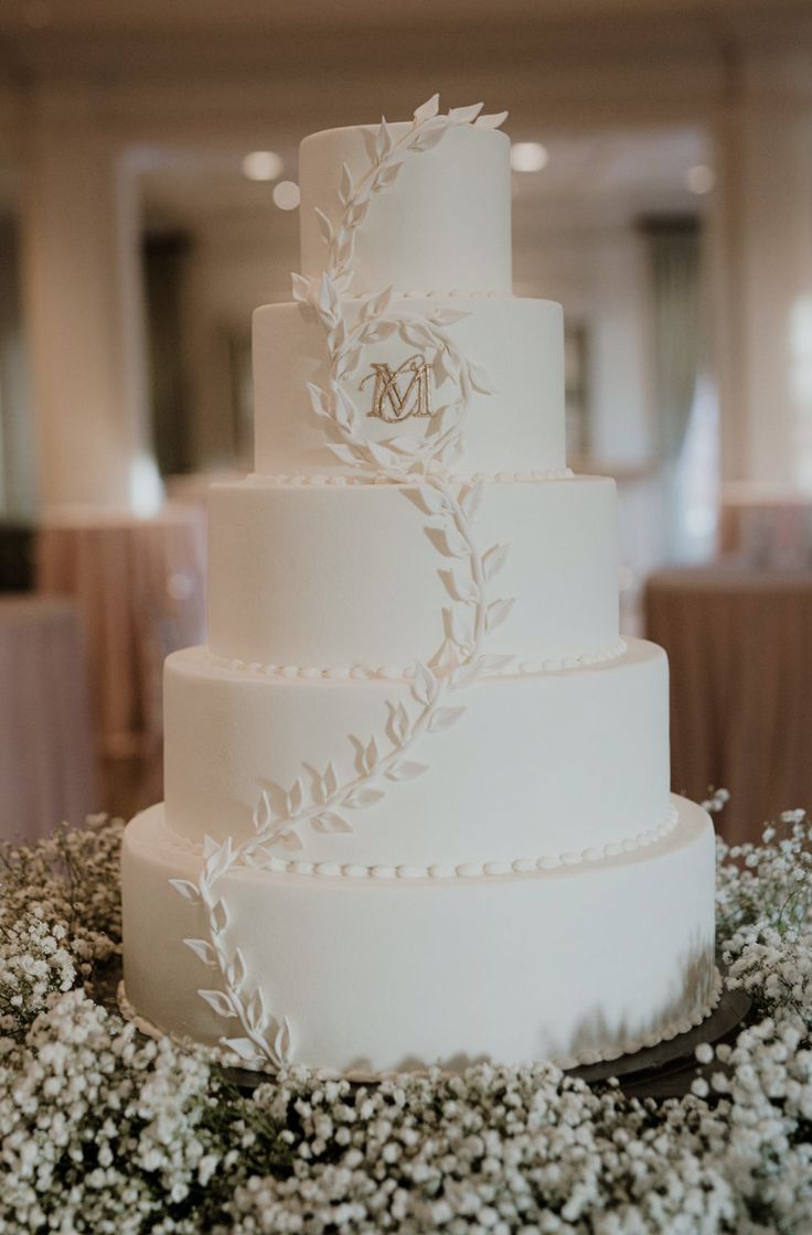 a white wedding cake sitting on top of a table