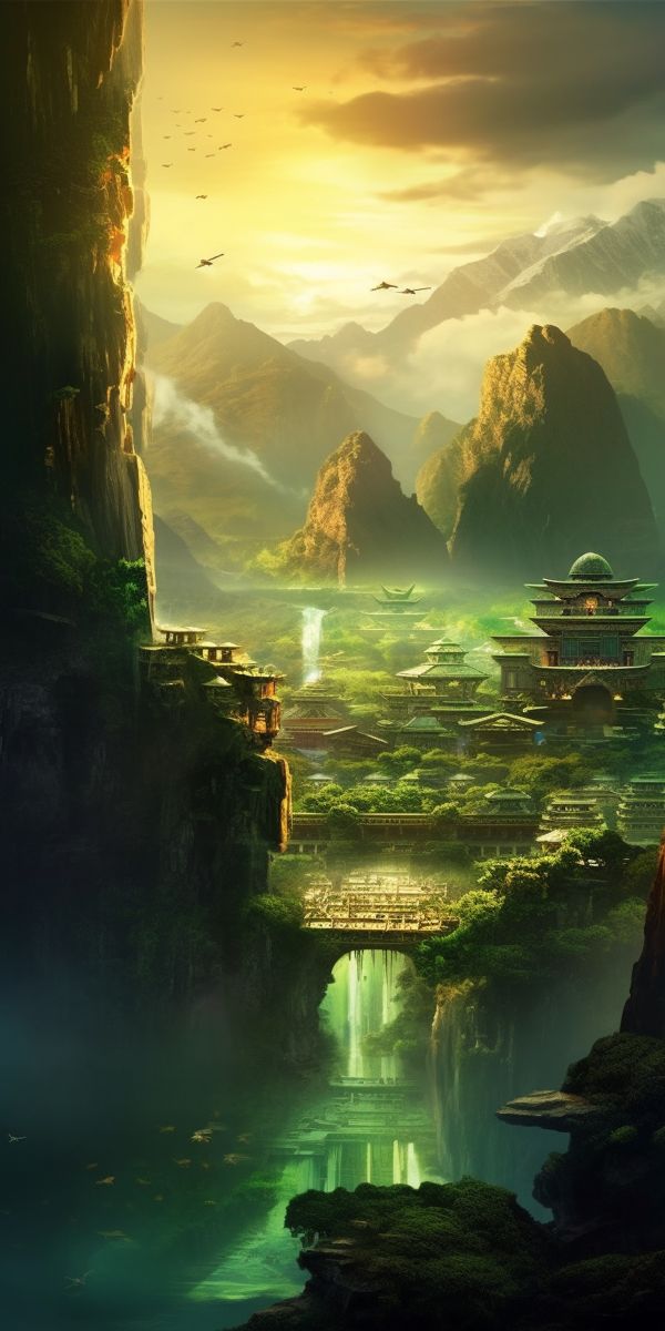 an image of a fantasy landscape with mountains