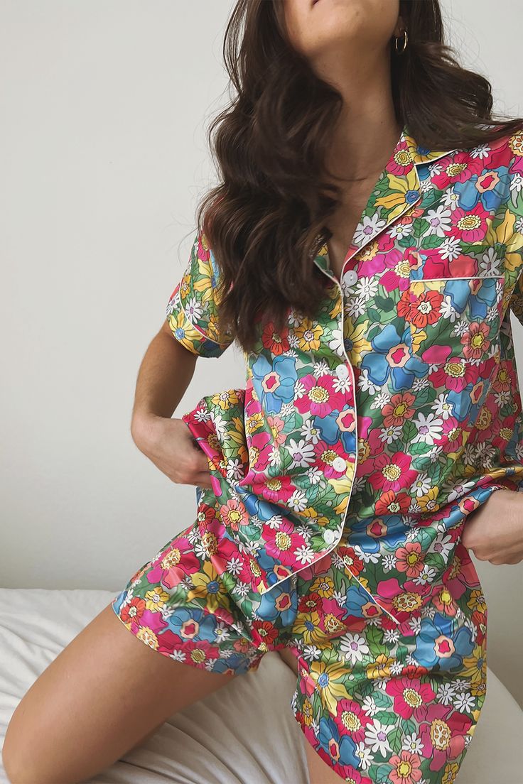 Flowerland Custom Satin Pajamas – Spikes and Seams Spring Printed Sleepover Sets, Spring Printed Sleepwear For Pajama Party, Spring Printed Sets For Sleepovers, Printed Sets For Spring Sleepover, Printed Sleepwear For Pajama Party In Spring, Printed Sleepwear For Spring Pajama Party, Printed Sets For Spring Sleepovers, Printed Sleepwear For Spring Loungewear, Spring Sleepwear Sets With Relaxed Fit