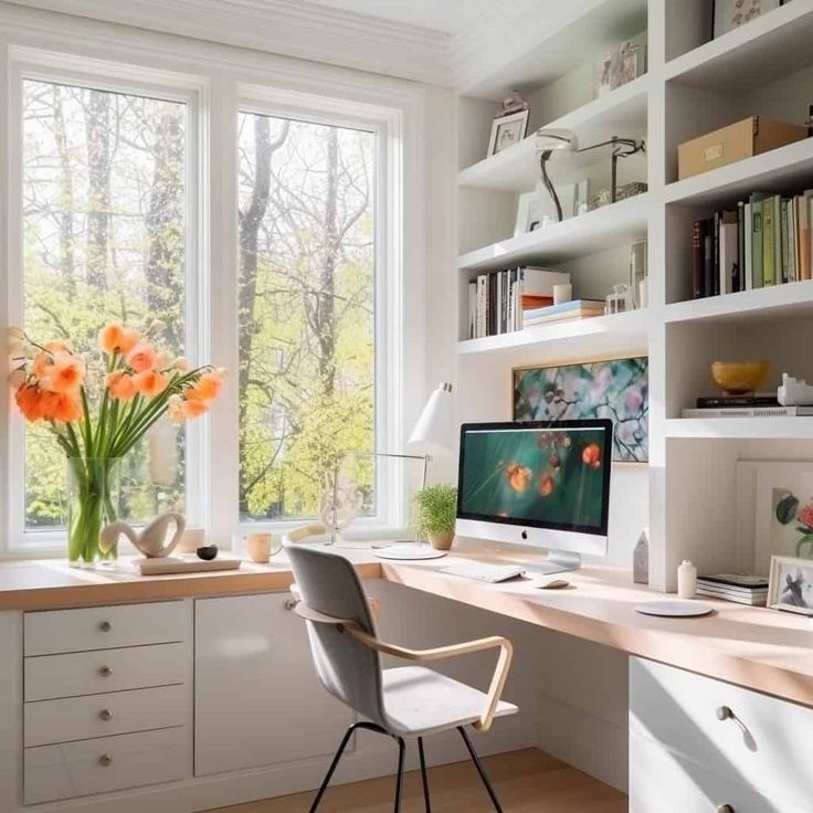 a desk with a computer on top of it next to a window