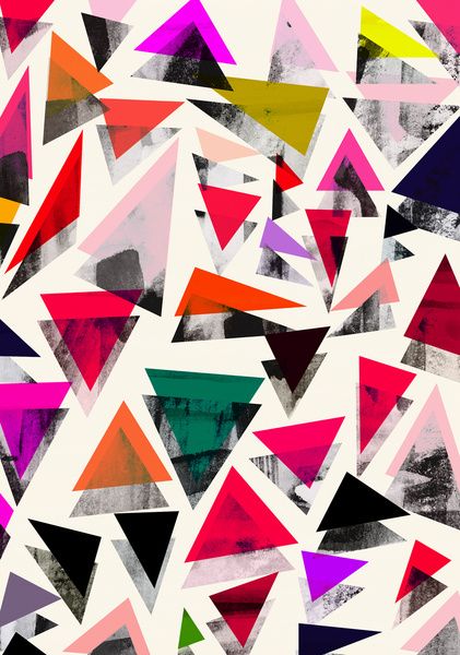 an abstract painting with different colors and shapes on it's surface, including triangles