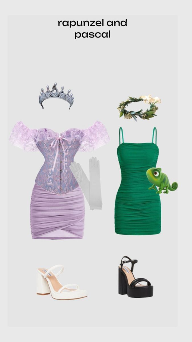 the dress is green and has purple on it