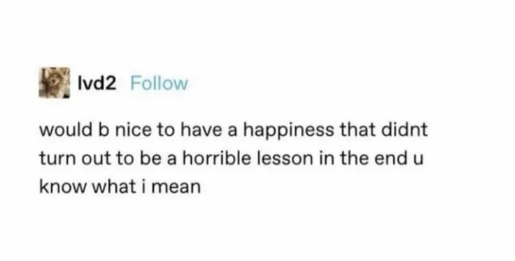 a tweet that reads, i would be nice to have a happiness that didn't turn out to be a horrible lesson in the end u know what i mean