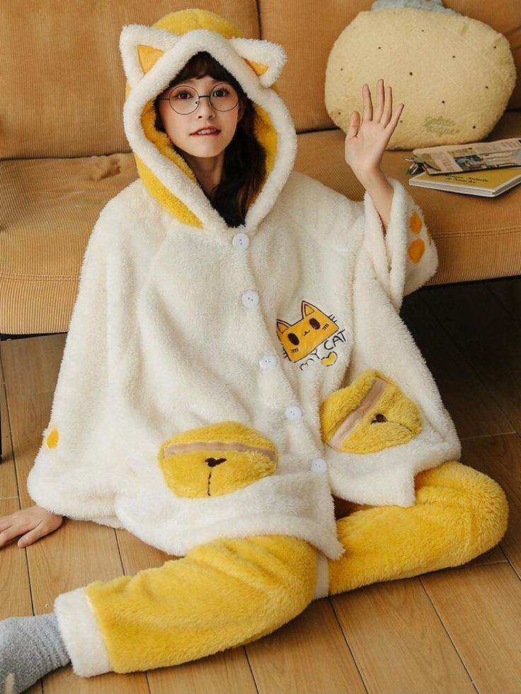 Kawaii Onesie, Pajamas Long Sleeve, Cat Headband, Pajama Outfits, Cat Pajamas, Velvet Suit, Yellow Cat, Fleece Pajamas, Flannel Pajamas