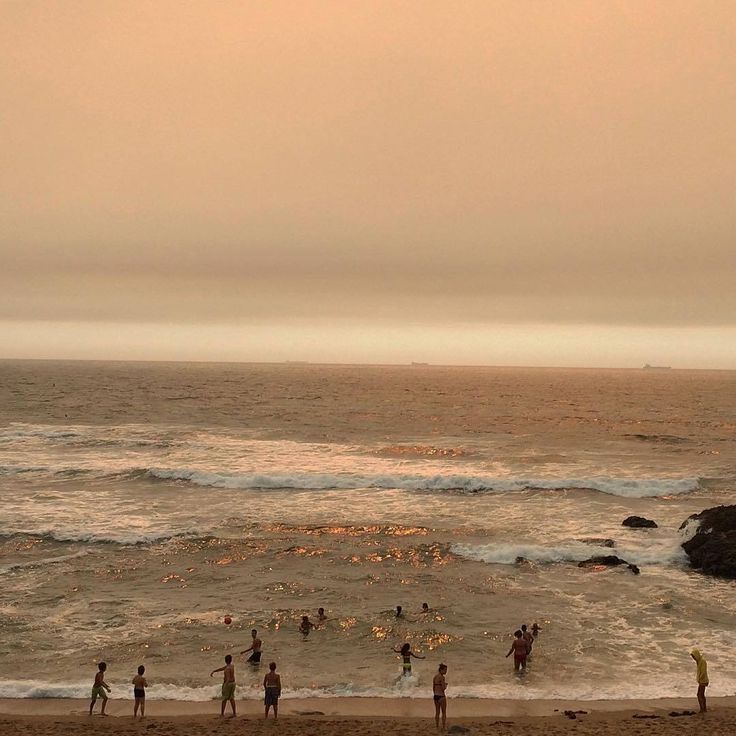 several people are standing on the beach near the water