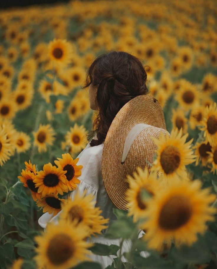 a woman standing in a field of sunflowers with her back to the camera