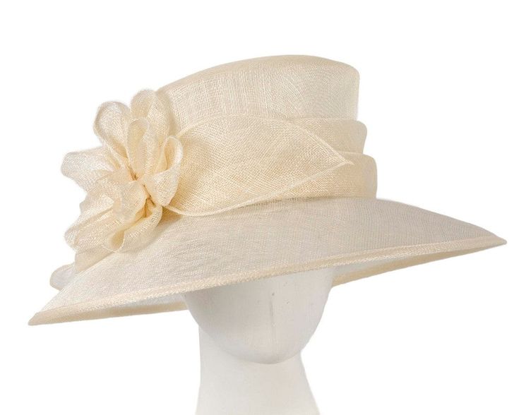 Be seen in this large cream sinamay hat by Max Alexander. Hats From OZ is Australia top online destination for ladies fashion hats. Whatever the occasion is -- racing or something special, we have a hat for you.  Designed in Australia by Max Alexander  Wide brim and stylish design  Adjustable band to fit all sizes up to 59cm Beige Flat Brim Boater Hat For Formal Occasions, Wide Brim Panama Hat For Formal Occasions, Cream Brimmed Cloche Hat For Evening, Elegant Cream Brimmed Panama Hat, Beige Short Brim Straw Hat For Formal Occasions, Beige Short Brim Hat For Formal Occasions, Beige Flat Brim Hat For Formal Occasions, Formal Beige Hat With Flat Brim, Formal Beige Flat Brim Hats