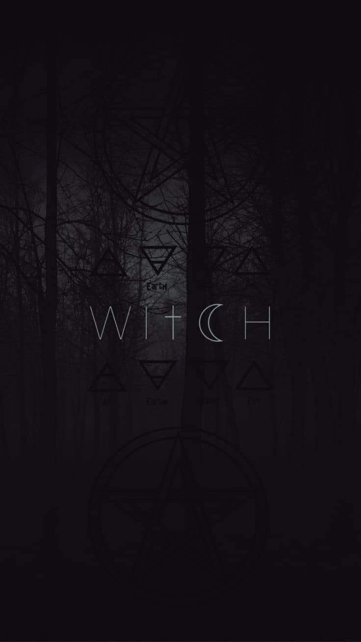 the word witch written in white on a black background with trees and moon behind it