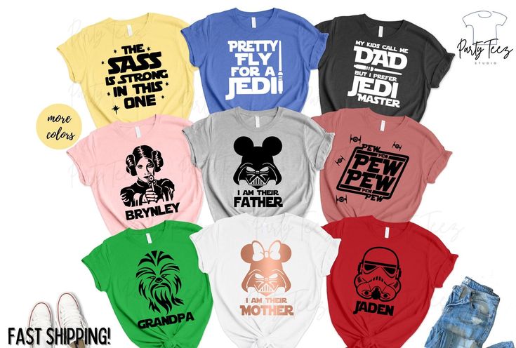 the star wars shirts are all different colors and styles, including one for each child