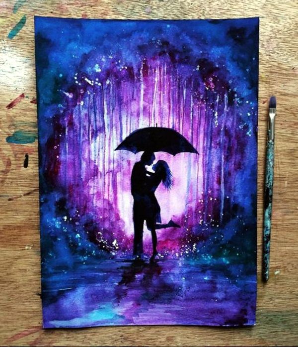 a painting of a couple kissing under an umbrella in front of a purple and blue background