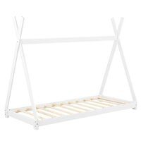 a white bed frame with wooden slats on the bottom and bottom bunk below it