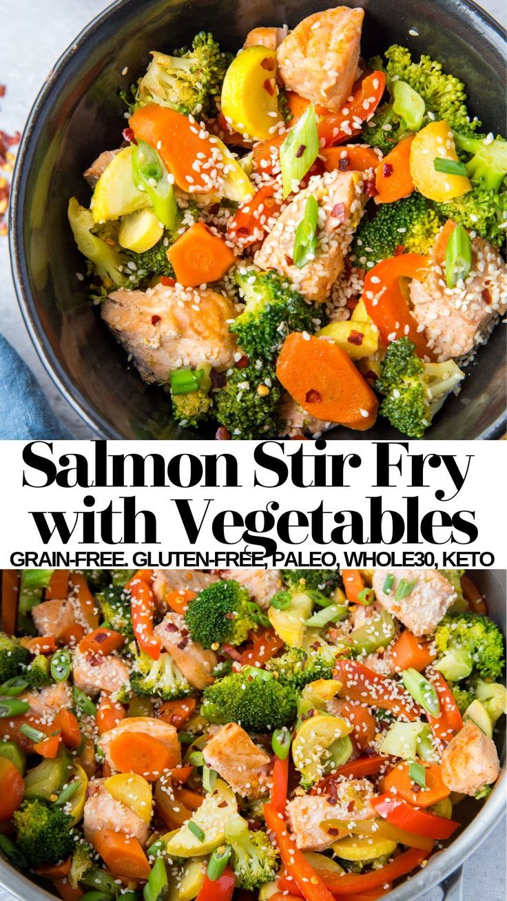 salmon stir fry with vegetables in a skillet