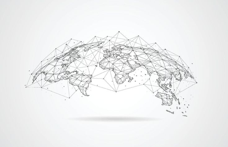 the world map is made up of connected lines and dots on a light gray background