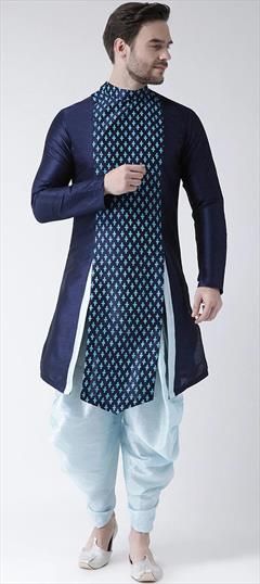 Blue color Dhoti Kurta in Dupion Silk fabric with Printed work Fitted Blue Kurta With Traditional Patterns, Blue Cotton Salwar Kameez With Self Design, Blue Cotton Kurta With Traditional Drape, Blue Salwar Kameez With Bandhani Print And Traditional Drape, Blue Salwar Kameez With Traditional Drape And Patterns, Blue Salwar Kameez With Traditional Patterns And Traditional Drape, Blue Salwar Kameez With Traditional Patterns For Navratri, Blue Bollywood Kurta With Traditional Patterns, Blue Cotton Traditional Wear With Traditional Drape