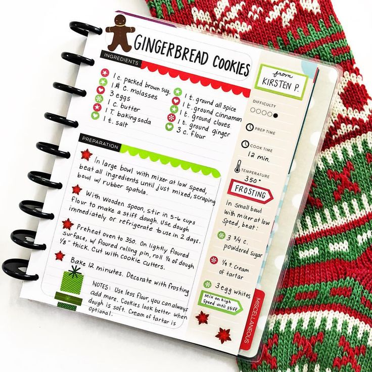 a recipe book is open on top of a christmas stocking