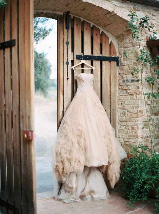 a dress hanging on a wooden door in front of a brick building with vines growing around it