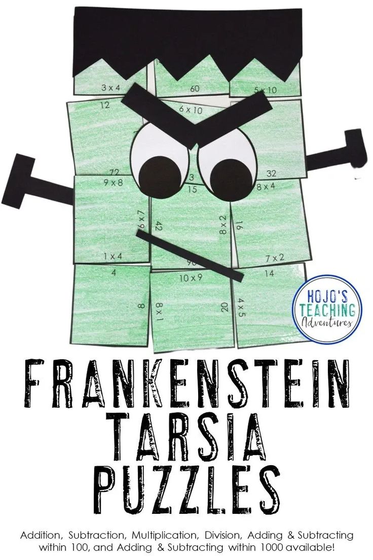 a poster with the words frankensten tarsia puzzles on it and an image of a