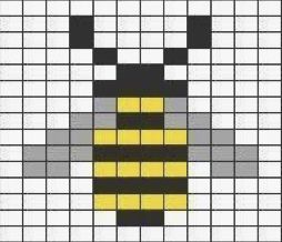 a cross stitch pattern with a yellow and black bee on it's chest,