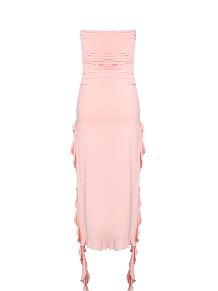 Laugh it up in the Lisa Strapless Ruffle Dress in Pink! This elegant, fun, and stylish dress is perfect for a night out, featuring a strapless silhouette and ruffle asymmetric skirt, all crafted from a flattering bodycon fit. Get ready for date night with Good Girl Things! Details Lisa Strapless Ruffle Dress in Pink Elegant Fun Stylish Strapless Ruffle Asymmetric Skirt Bodycon Fit Good Girl Things - Date Night Collection Strapless Midi Ruffle Dress For Cocktail, Strapless Midi Dress With Ruffles For Cocktail, Strapless Midi Dress With Ruffles, Chic Maxi Dress With Ruched Ruffled Straps, One Shoulder Fitted Maxi Dress With Ruffles, One Shoulder Fitted Ruffle Maxi Dress, Strapless Midi Dress With Ruffle Hem For Evening, Strapless Ruffled Ball Gown For Evening, Flirty Ruched Maxi Dress