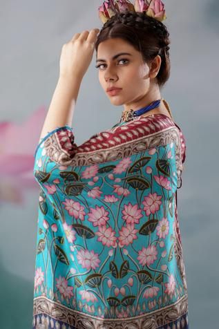 Shop for Rajdeep Ranawat Multi Color Silk Majida Printed Kaftan for Women Online at Aza Fashions Lotus Silk, Rajdeep Ranawat, Kaftan For Women, Printed Kaftan, Animal Motifs, Fabric Silk, Batwing Sleeve, Bat Wings, Aza Fashion