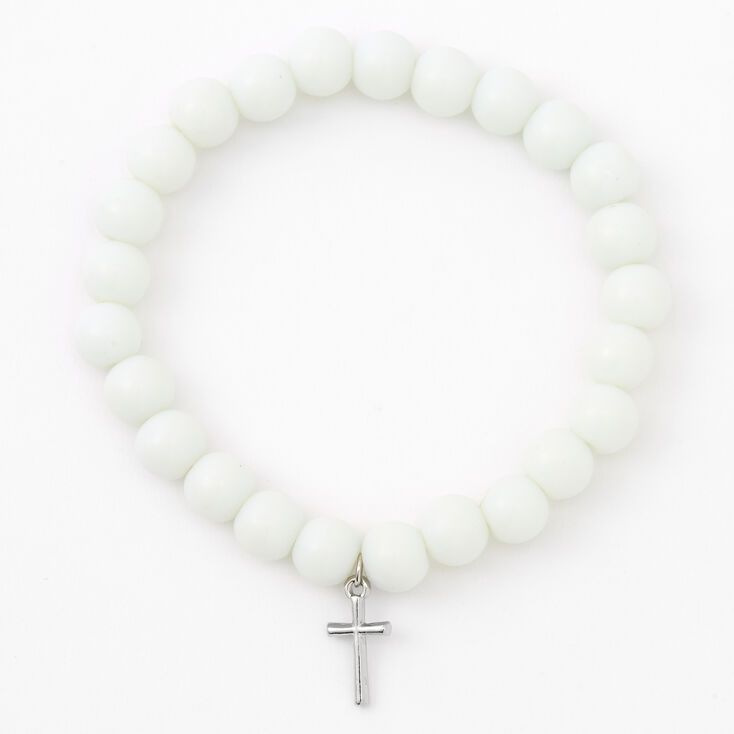 Claire's Silver Cross Beaded Stretch Bracelet - White White Hypoallergenic Spiritual Beaded Bracelets, White Hypoallergenic Rosary Bracelet With Round Beads, White Spiritual Stretch Bracelet With Round Beads, White Adjustable Hypoallergenic Rosary Bracelet, White Cross Rosary Bracelet, White Spiritual Rosary Bracelet With Cross, Adjustable White Rosary Bracelet With Cross, White Cross Jewelry With 8mm Beads, White Cross-shaped Jewelry With 8mm Beads