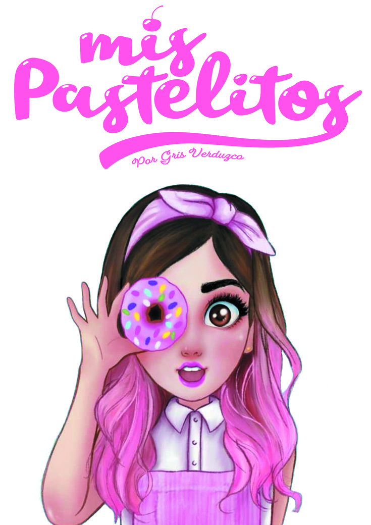 a girl with pink hair holding a donut in her hand and the words miss pastelits on it