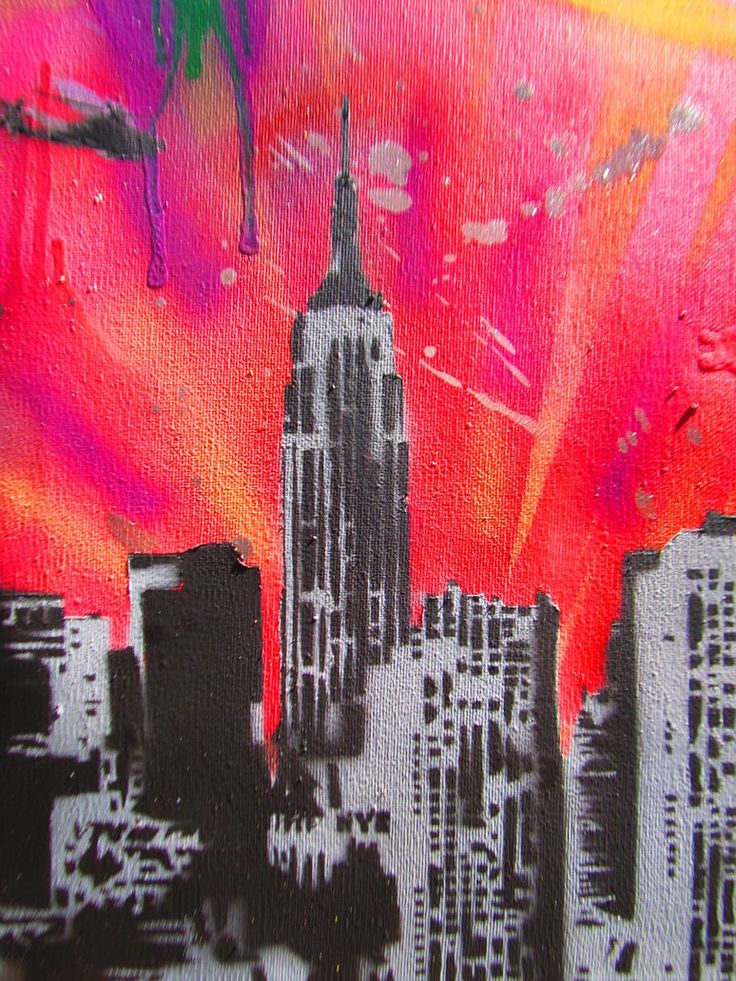 an abstract painting of a city skyline at sunset