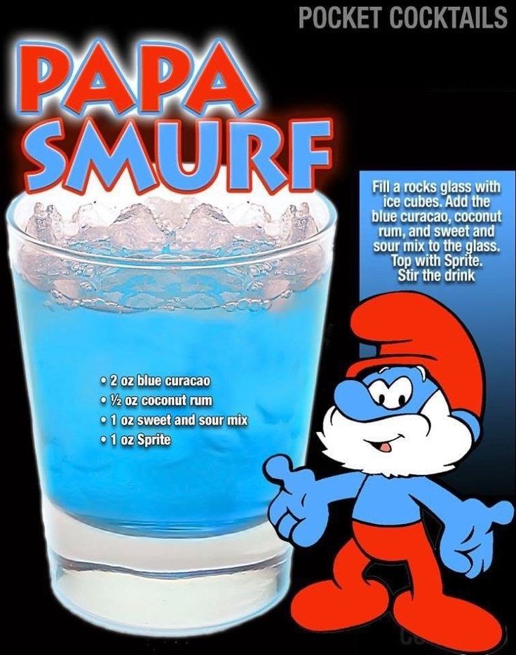 the smurf is next to a tall glass of water with ice in it