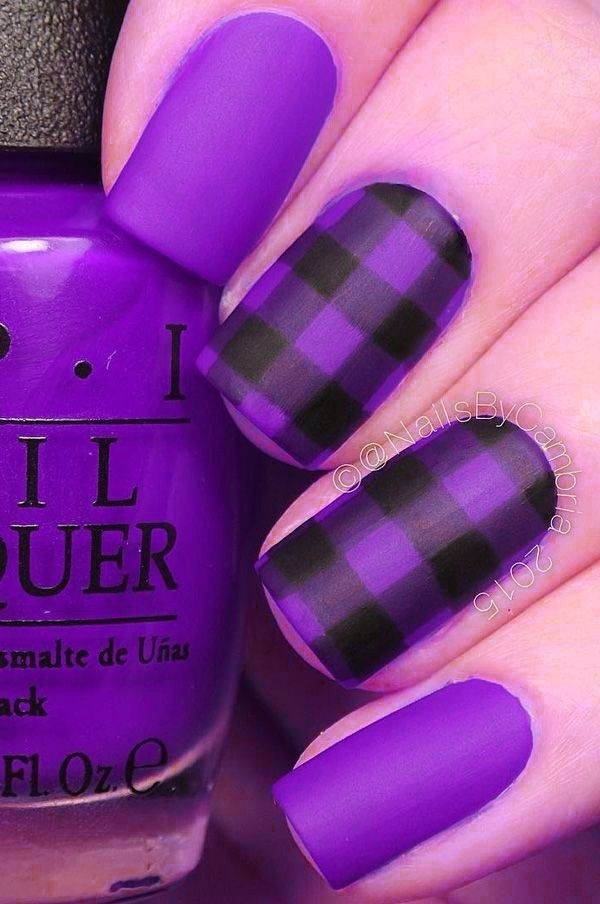 Purple Plaid Nails Designs, Purple Stripe Nails, Purple Plaid Nails, Plaid Nail Designs, Glossier Nail Polish, Checkered Nails, Classy Nail, Purple Acrylic Nails, Matte Nail Polish