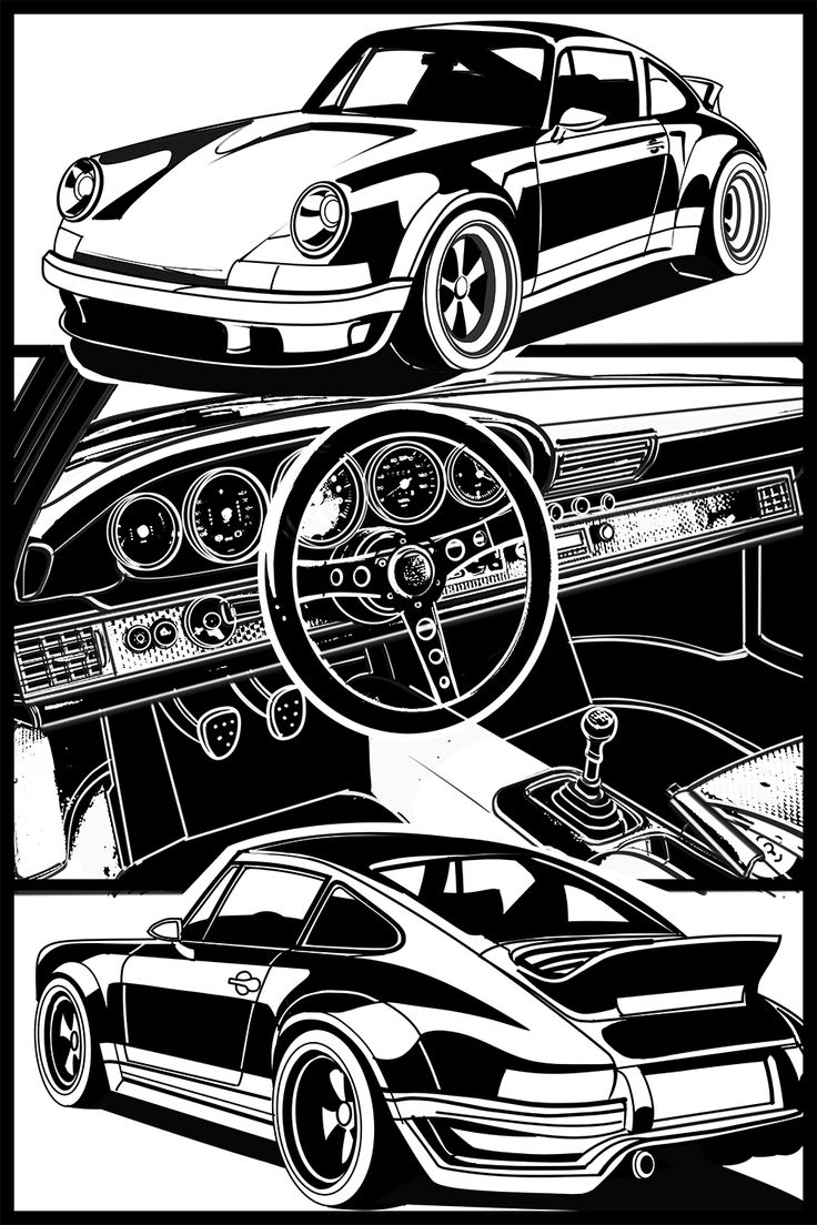 Hand drawn Porsche 911 Black And White Cars Aesthetic, Black And White Car Poster, Black And White Aesthetic Car, Car Posters Design, Cars Black And White, Car Graphic Design, Boy Room Poster, Porsche Art, Auto Illustration