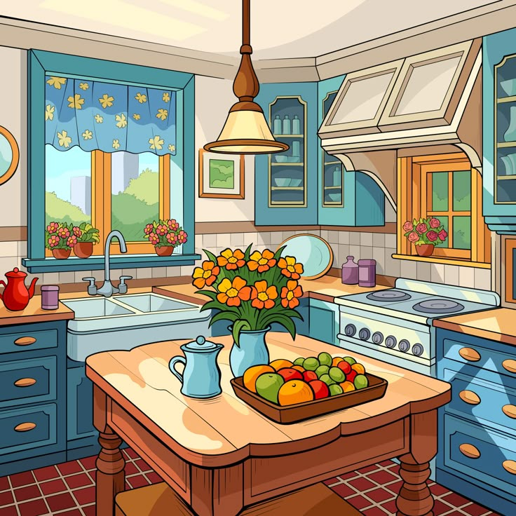 a cartoon kitchen with blue cabinets and flowers in a vase on the island countertop