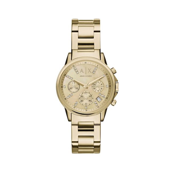 Armani Exchange ladies' collection hallmark Lady Banks delivers truly irresistible style in a 36mm gold-tone stainless steel case with Swarovski stone indexes on a mother-of-pearl dial. The bracelet secures with a push button fold-over safety clasp. Gold Analog Diamond Watch With Round Dial, Gold Diamond Analog Watch With Round Dial, Gold Analog Diamond Watch, Classic Gold Diamond Watch With Chronograph, Elegant Gold-tone Watch With Round Dial, Elegant Gold Watches With Subdials, Elegant Yellow Gold Chronograph Watch, Elegant Gold Watch With Analog Display, Elegant Gold Watches With Analog Display