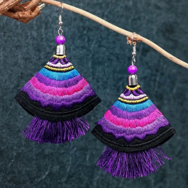 Pair Of Boho Embroidery Tassel Drop Earrings With Purple, Pink, Blue & Black Colors Look For The Blue Pair In My Boutique *This Listing For People Ones Only 3.75" Drop Tags: Tribal Boho Festival E#350 Adjustable Purple Bohemian Tassel Earrings, Bohemian Purple Dangle Tassel Earrings, Purple Bohemian Tassel Earrings For Party, Handmade Bohemian Purple Tassel Earrings, Purple Bohemian Handmade Tassel Earrings, Handmade Purple Bohemian Tassel Earrings, Bohemian Purple Tassel Earrings, Multicolor Embroidered Bohemian Earrings, Purple Dangle Tassel Earrings With Fringe